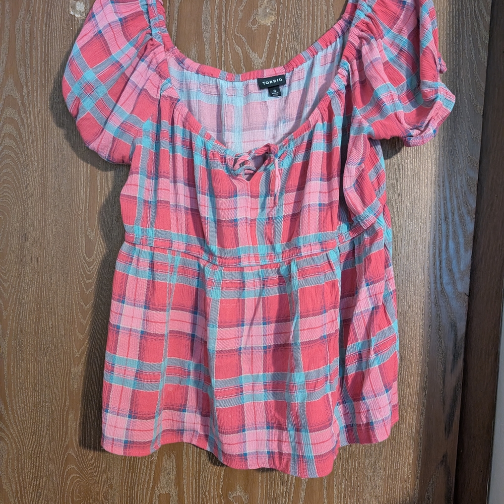 Torrid Pink and Blue Puff Sleeve Blouse with Tie Front